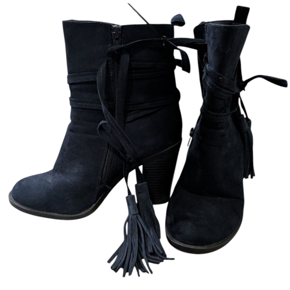 Navy Heeled Boots with Tassels and Laces